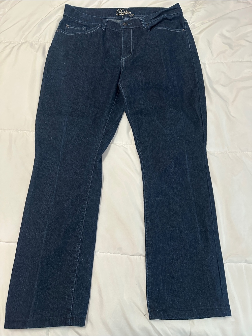Duplex Women’s Size 12 Dark Wash Bootcut Stretch Jeans Embroidered Pockets 34x27